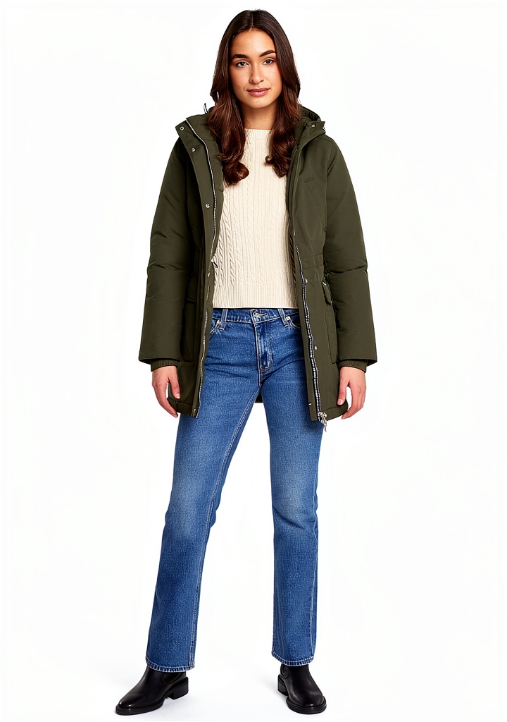 Donna che indossa la parka Tommy Jeans in un contesto urbano