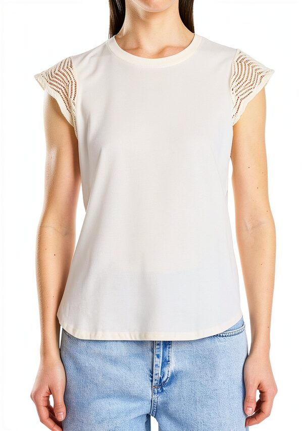 Tshirt Donna Benetton Cotone Girocollo Manica Corta Beige-1