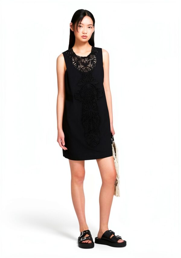 Abito corto Benetton donna poplin ricamo righe senza maniche-1
