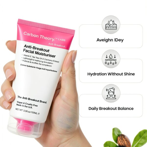 Carbon Theory Anti-Breakout Crema Idratante Viso 100 ml – Per pelli acneiche, Idrata e Previene Imperfezioni con Vitamina E & Olio di Tea Tree. Leggera, Non Ostruisce i Pori, Base Perfetta Trucco-1